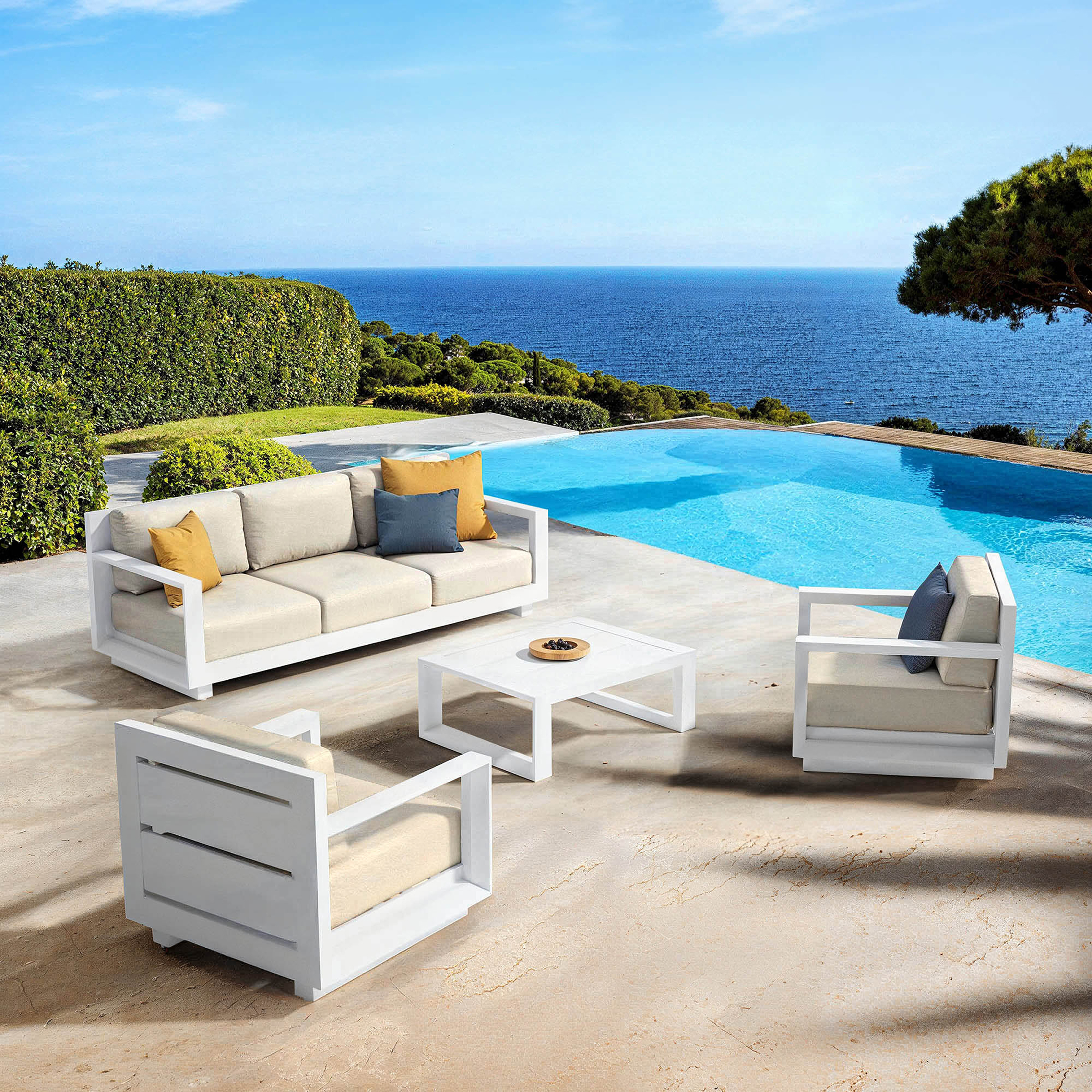 SALON DE JARDIN ELBA 5 PLACES STRUCTURE BLANC ET COUSSINS BEIGE