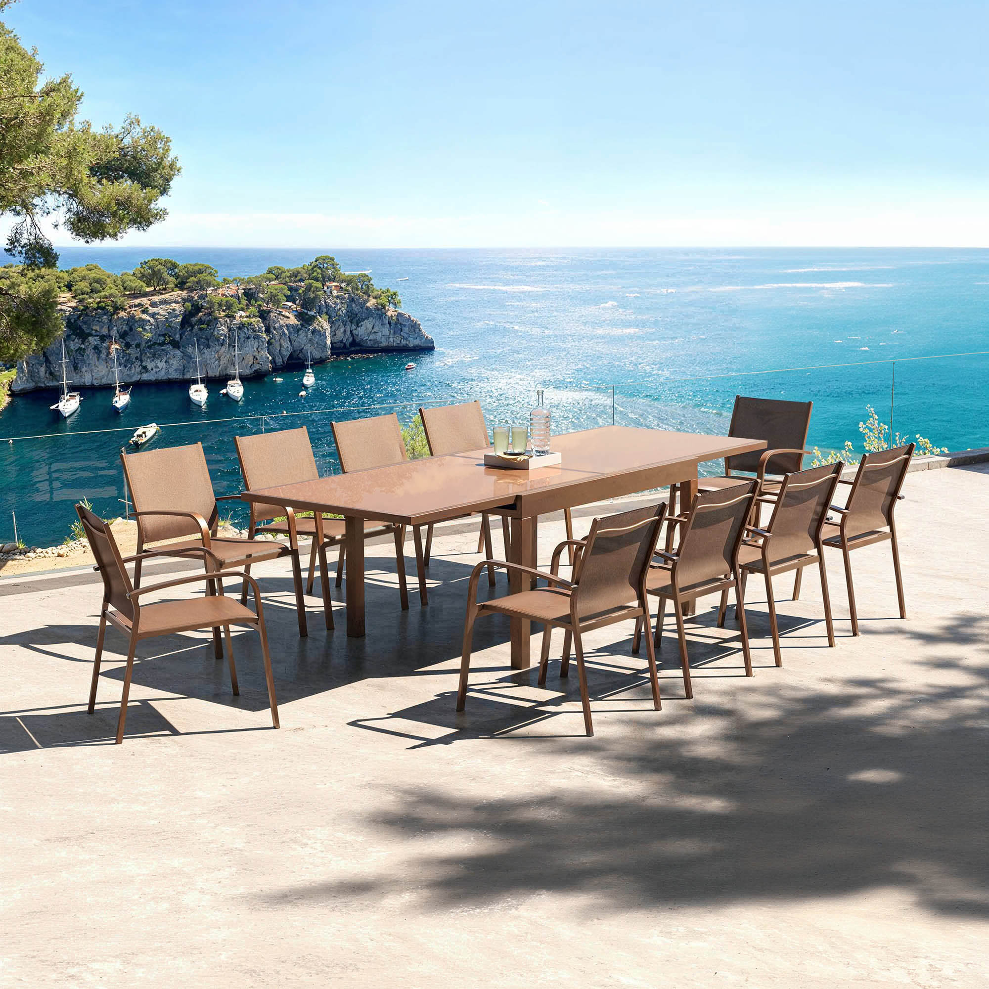 Table de jardin extensible en verre 10 places (135/270 x 90 cm) Murano Bronze